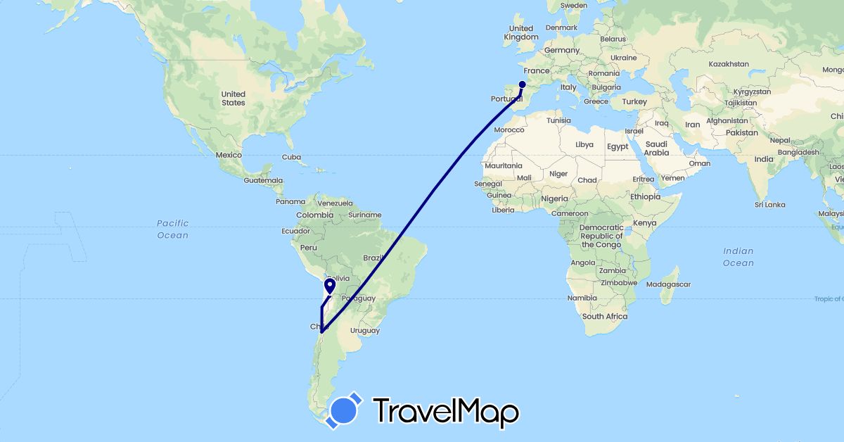 TravelMap itinerary: driving in Chile, Spain (Europe, South America)